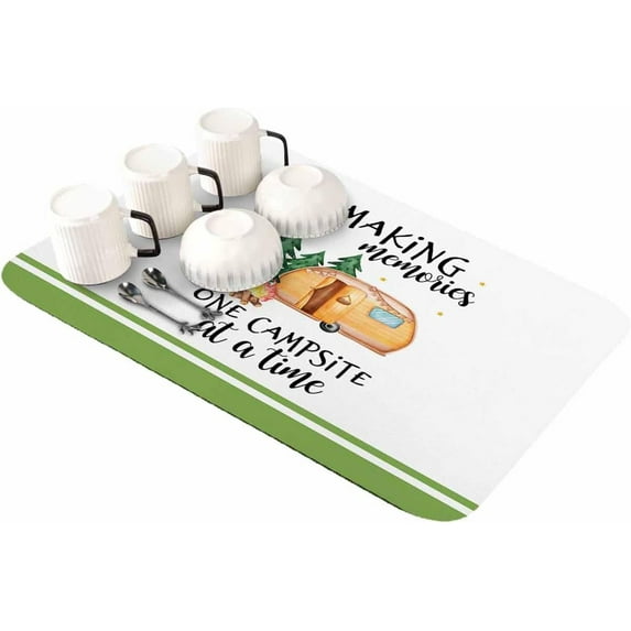 Camping RV Dish Drying Mat for Kitchen Counter, Super Absorbent Quick Dry Coffee Bar Mat Pad Thin Diatomaceous Sink Mat Non Slip Dish Drainer Mat 23.5x15.5 Watercolor Green Tree