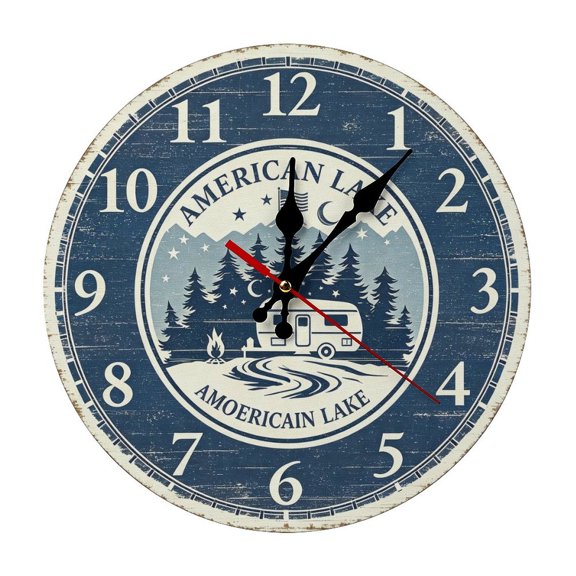 Camping RV Forest Farmhouse Style Round Wood Wall Clock, Noiseless Design for Cafe & Classroom Decor