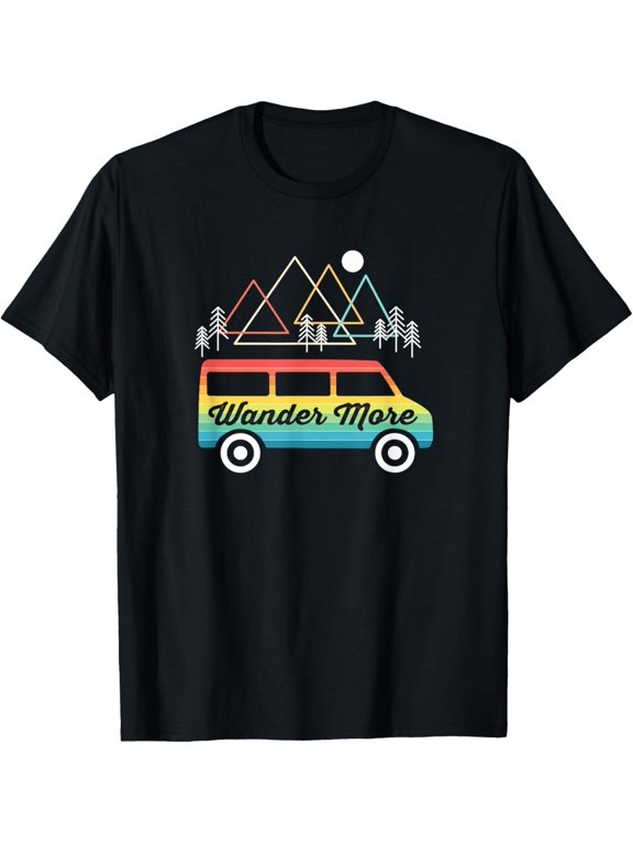 Camping Retro Camper Van Vintage Sunset Mountains RV T-Shirt men and women can wear, black, white, gifts