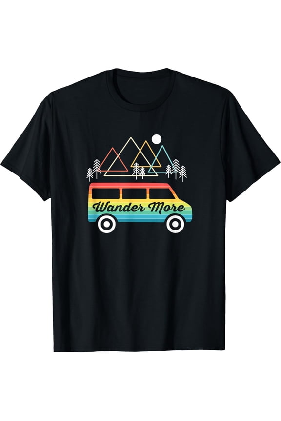 Camping Retro Camper Van Vintage Sunset Mountains RV T-Shirt men and women can wear, black, white, gifts