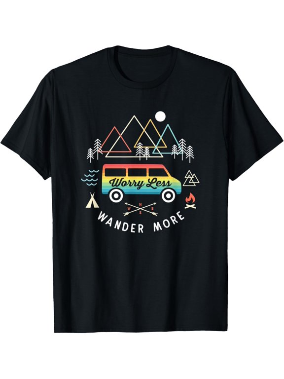 Camping Retro Camper Van Vintage Sunset Mountains RV T-Shirt men and women can wear, black, white, gifts