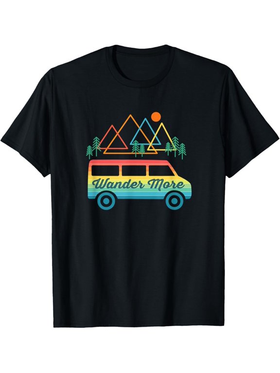 Camping Retro Camper Van Vintage Sunset Mountains RV T-Shirt men and women can wear, black, white, gifts