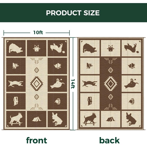 Camping Rug, 10' x 14' Large Waterproof Portable RV Mat, Easy-to-Clean Straw Plastic Mat for Outdoor, , Backyard, Deck, Picnic, Beach, Trailer, Brown & Beige