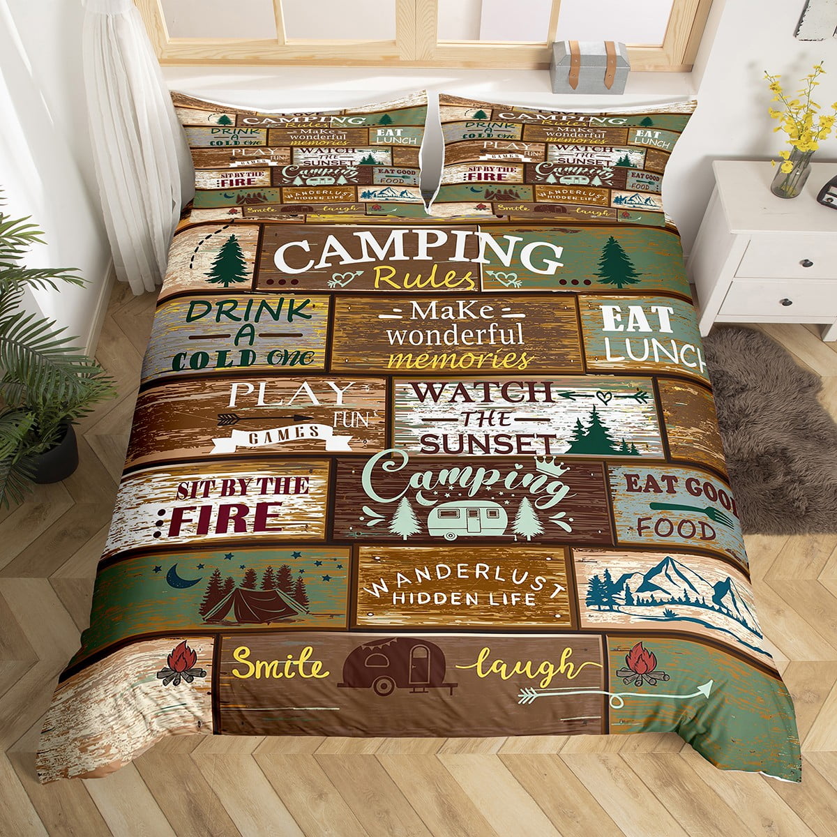 Camping Rules Duvet Cover Camper Bedding Set Full Size for Kids Child