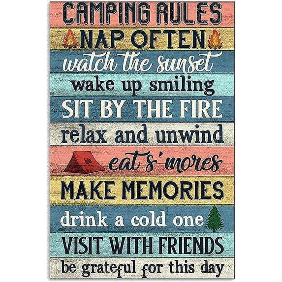 Camping Rules Funny Home Decor Vintage Tin Sign for Home & Kitchen Bathroom Garage Man Cave Coffee Bar Wall Decor 8x12 inch