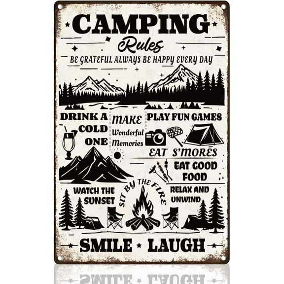 Camping Rules Retro Wall Decor Metal Tin Sign 8" x 12" Summer RV Camper Vintage Wall Art Poster for Outdoor Camping RV Playroom Man Cave Office Clubs Decor Gift Colorful