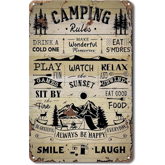 Camping Rules Sign, Rustic Metal Signs Decor Home RV Camper Accessories Wall Décor Gift Idea for Motorhomes/Farmhouse RV Camping, 12 x 8 Inch