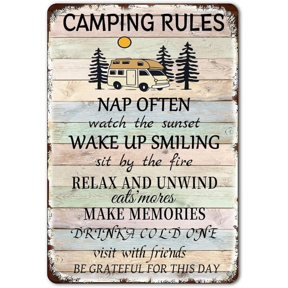 Camping Rules Vintage Metal Sign Nap Often Watch The Sunset Camper Room Campsite Wall Decor Creative Tin Sign For Home Cafe Bar Club Camper Decor Gifts Decor 8x12 Inch