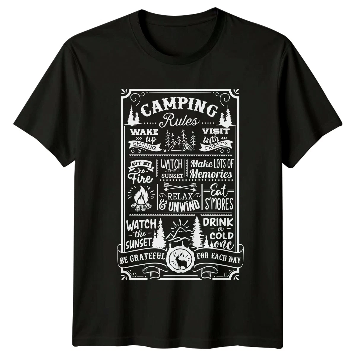 Camping Rules Wake Up Smiling Outdoors Adventure Men Womens Graphic Tee ...