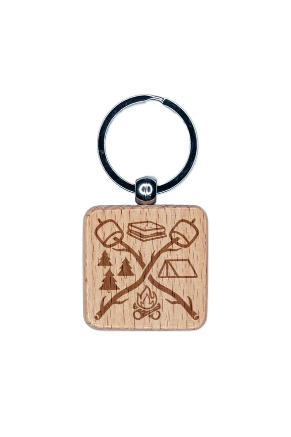 Camping S'mores Campfire Tent Marshmallows Square Keychain Charm Tag - Engraved Wood