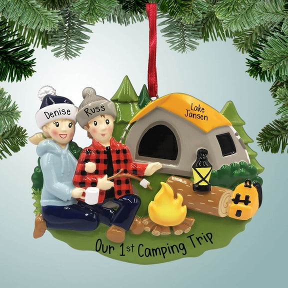 Camping Scene Couple - Personalized Christmas Ornament - Family of 2,3,4,5 - RV - Campsite - Mountains - Tent - Trailer - Great Gift Ideas