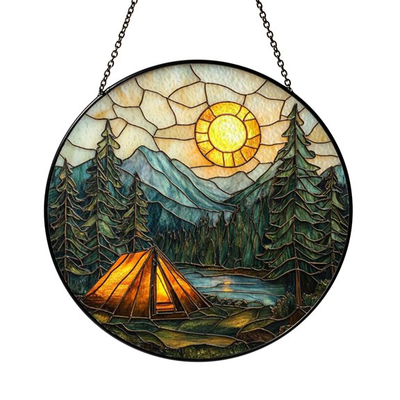 Camping Scene Stained Glass Style Suncatcher, Fantasy Campfire Night Sky Window Hanging Art Decor, Outdoor Inspired Home Window Decoration