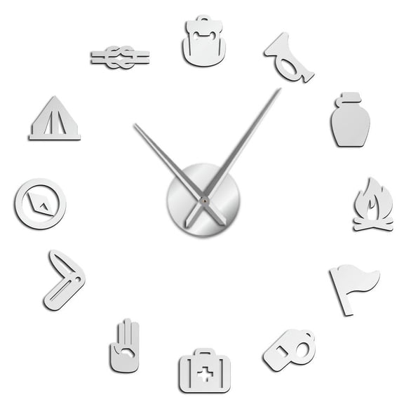 Camping Scouting Campfire Frameless Wall Clock Stickers, DIY Modern Decorative Clocks for Living Room, Bedroom, Office - Easy to Install, Large 3D Clock Design (Silver,37in)