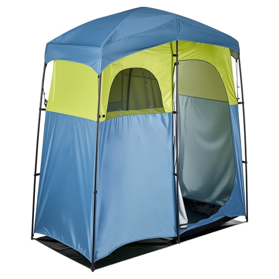Camping Shower Tent 2 Room Portable Privacy Changing Room with Shower Bag Ground Stakes Ropes Carry Bag Support Poles 150D Oxford Fabric Silver Coating for Camping Fishing