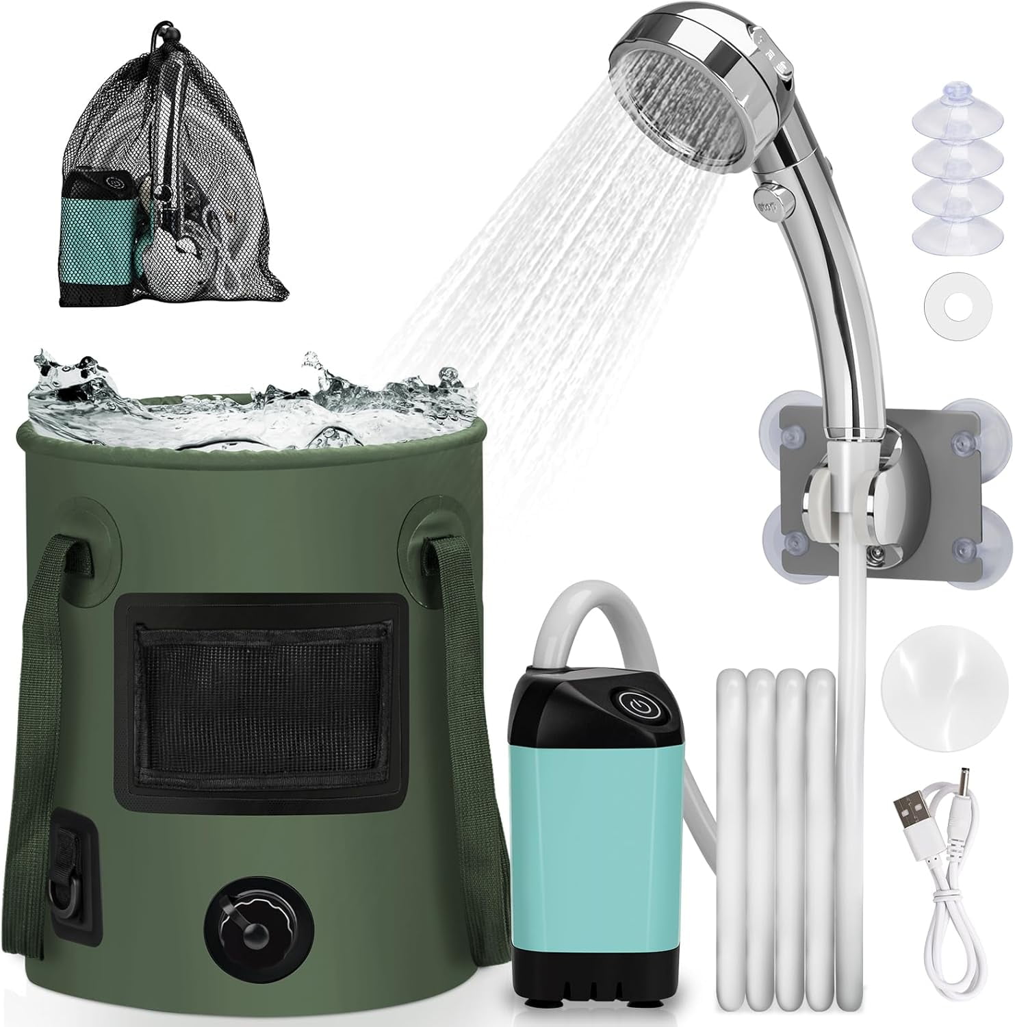 Elil Portable Camping Shower With 3-Gallon Bucket – Rechargeable Battery, 90 Min Runtime, Adjustable Pressure