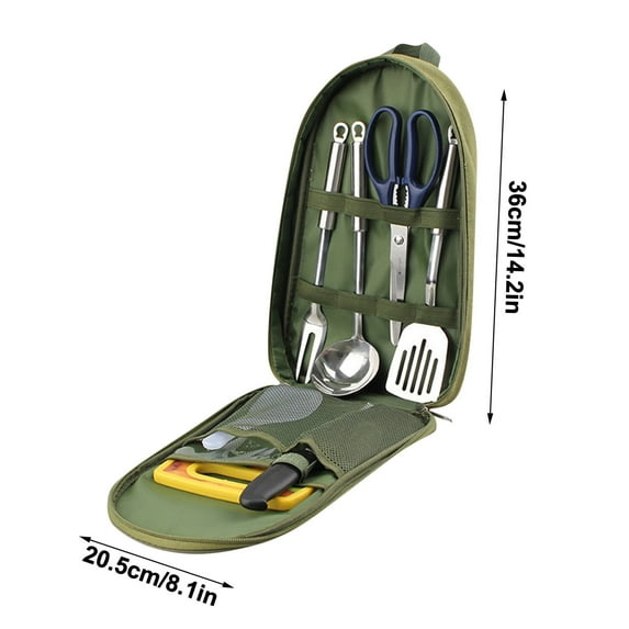 Camping Silverware Kit Cutlery Organizer Utensil Picnic Set 7 Piece Mess Stainless Steel Plate Spoon Butter Serrated Knife Wine Opener Fork Napkin Hi