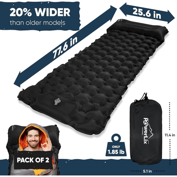 Camping Sleeping Pad 2 Pack, Foot Pump Sleeping Pad for Camping with Built in Pillow, Inflatable Camping Mat, Lightweight Compact Air Mattress Pad for Backpacking Hiking Travelling