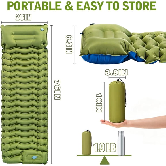 Camping Sleeping Pad, Camping Mat Thick Ultralight with Pillow, Built-in Foot Pump Self Inflating Sleeping Pad for Camping, Compact Camping Pad for Hiking, Backpacking, Travel Tent