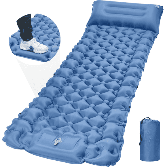 Camping Sleeping Pad, Self Inflating Sleeping Mat 4" Extra Thick, Built-in Foot Pump and Air Pillow, Waterproof Camping Inflatable Mat Air Mattress for Backpacking Hiking Traveling Tent, Blue