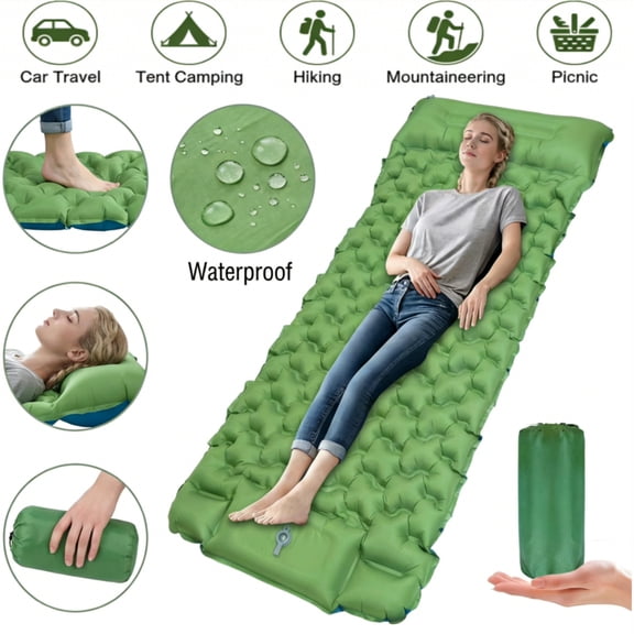 Camping Sleeping Pad, Ultralight Camping Mat with Pillow, Built-in Foot Pump Inflatable Sleeping Pads Compact for Camping Backpacking Hiking Traveling Tent,Green