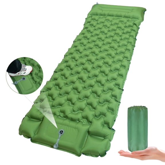 Camping Sleeping Pad, Ultralight Inflatable Camping Mat with Pillow, Built-in Foot Pump Sleeping Mat, Wide Compact Camping Pad for Travel Tent Hiking Backpacking Trip Car Camp Gear(Green)
