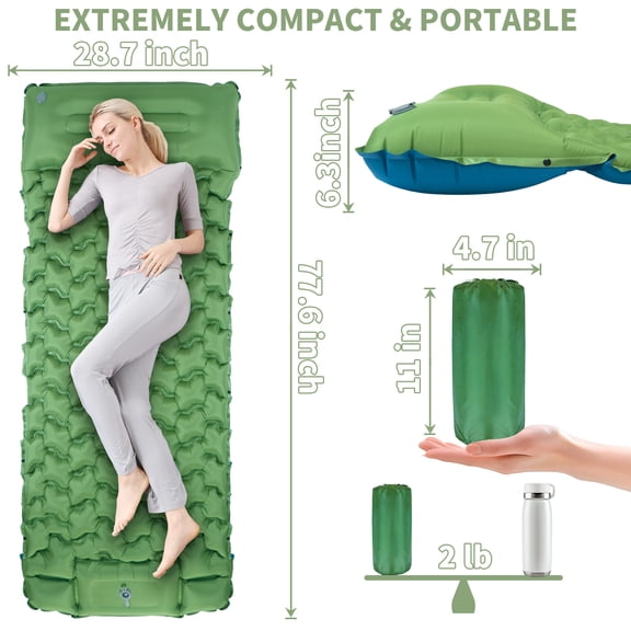 Camping Sleeping Pad, Ultralight Inflatable Camping Mat with Pillow, Built-in Foot Pump Sleeping Mat, Wide Compact Camping Pad for Travel Tent Hiking Backpacking Trip Car Camp Gear(Green)