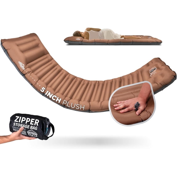 Camping Sleeping Pad with Built-in Pump and Pillow, 5-Inch Thick, 27-Inch Wide, Ultralight Inflatable Mat in Caramel Brown