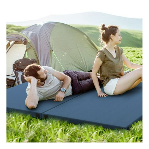 Camping Sleeping Pad with Foam, Portable Folding Mattress for Indoor Outdoor Use - 74" x 38" - Gray/Blue - with Carrying Bag & User Guide