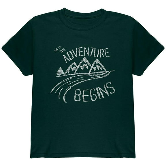 Camping So The Adventure Begins Youth T Shirt Forest Green YXL