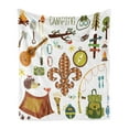 thumbnail image 1 of Camping Soft Flannel Fleece Blanket, Cartoon Items Composition with Fleur de Lis Guitar Bonfire Trees Backpack Tent, Cozy Plush for Indoor and Outdoor Use, 70" x 90", Amber and Green, by Ambesonne, 1 of 6