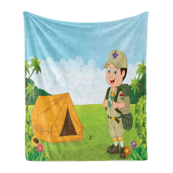 Camping Soft Flannel Fleece Throw Blanket, Little with Tent in Nature Forest Adventure Children Discovery of Woods, Cozy Plush for Indoor and Outdoor Use, 50" x 70", Multicolor, by Ambesonne