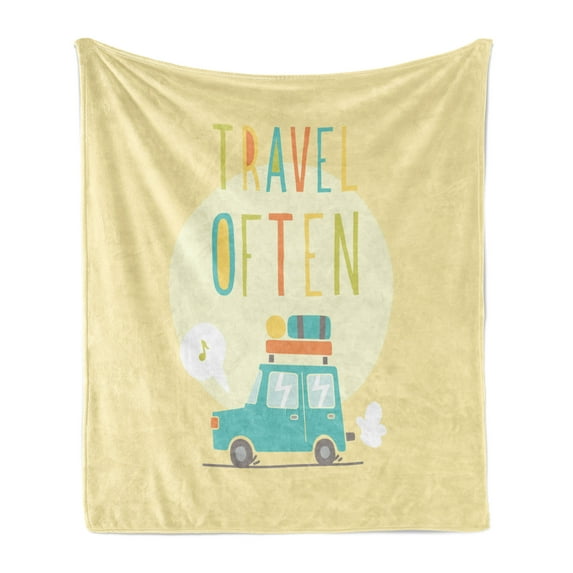 Camping Soft Flannel Fleece Throw Blanket, Soft Pastel Color Road Trip Summer Holiday Theme Travel Often Phrase with Car, Cozy Plush for Indoor and Outdoor Use, 50" x 70", Multicolor, by Ambesonne