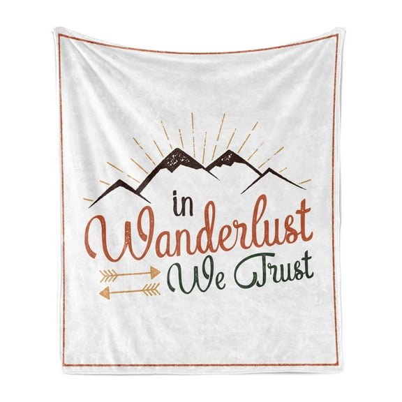 Camping Soft Flannel Fleece Throw Blanket, Wanderlust We Trust Calligraphy with Mountaand Arrow Hobby Hand Drawn, Cozy Plush for Indoor and Outdoor Use, 50" x 70", Multicolor, by Ambesonne