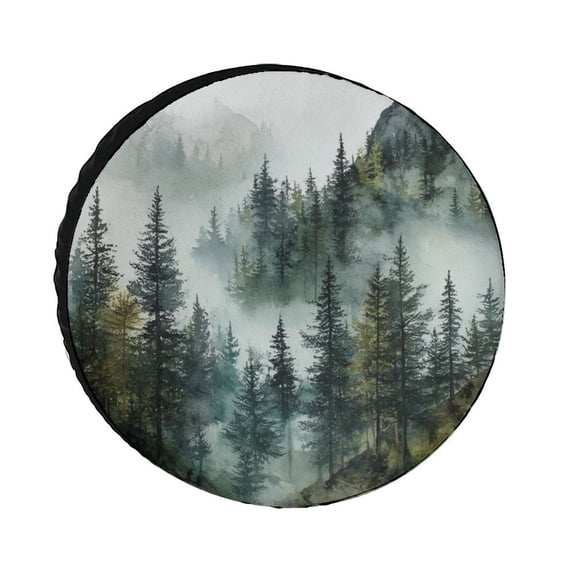 Camping Spare Tire Cover 12inch Green Forest Nature Polyester Universal Spare Wheel Tire Cover Wheel Covers Watercolor Landscape Pine Forest Mountains Universal for Trailer SUV Truck Camper Travel