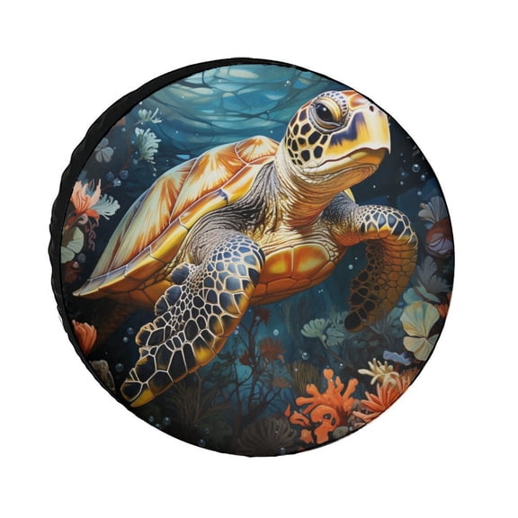 Camping Spare Tire Cover 12inch Oil Painting of A Sea Turtle with Coral And Sea Shells Waterproof Sun Protection Abstract Tortoise Universal Fit for Trailer SUV Truck Camper Travel Trailer