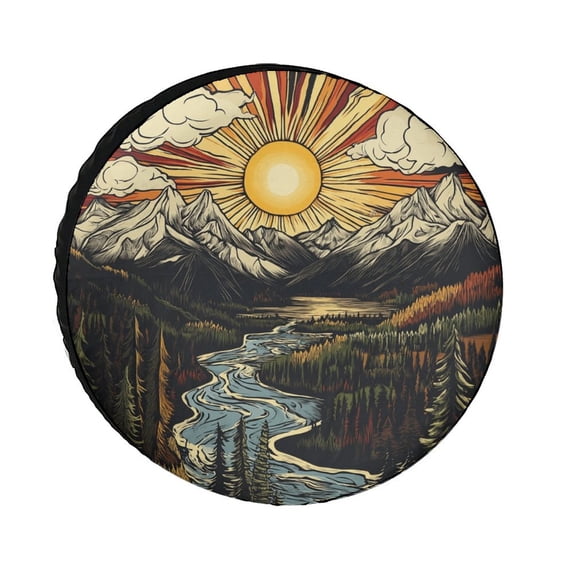Camping Spare Tire Cover 12inch Rocky Mountains with The Sun And Clouds Waterproof Sun Protection Mountain Nature Landscape Forest for Camper Travel Trailer SUV Truck