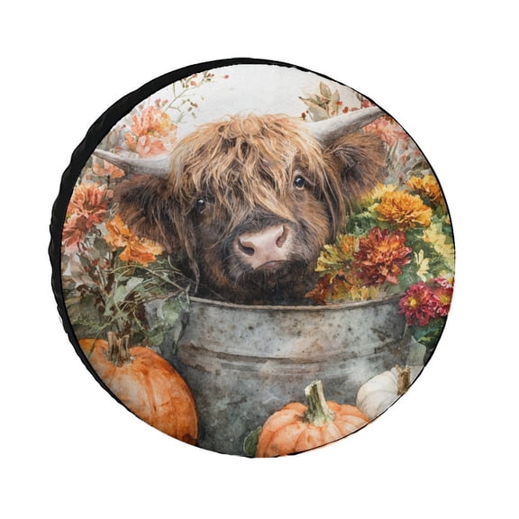 Camping Spare Tire Cover 14inch Fall Pumpkin Highland Cow Polyester Universal Spare Wheel Tire Cover Wheel Covers Thanksgiving Seasonal Holiday for Camper Travel Trailer SUV Truck
