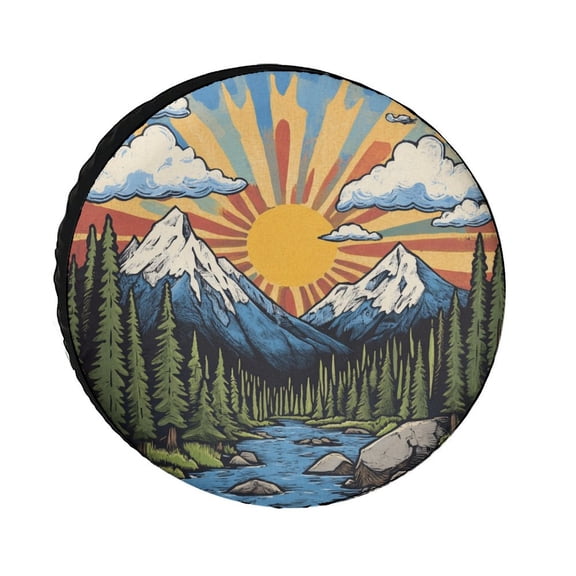Camping Spare Tire Cover 14inch Rocky Mountains with Sun And Clouds Weatherproof Universal Wheel Protectors Nature Landscape Universal Fit for Trailer SUV Truck Camper Travel Trailer