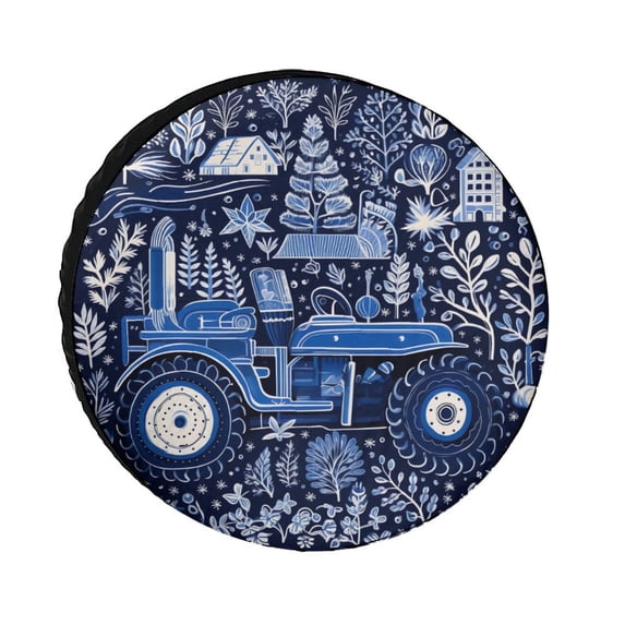 Camping Spare Tire Cover Blue Christmas Pattern with A Tractor Polyester Universal Spare Wheel Tire Cover Wheel Covers Cartoon Tractor Tire Cover Fit for SUV Truck Travel Trailer 13inch