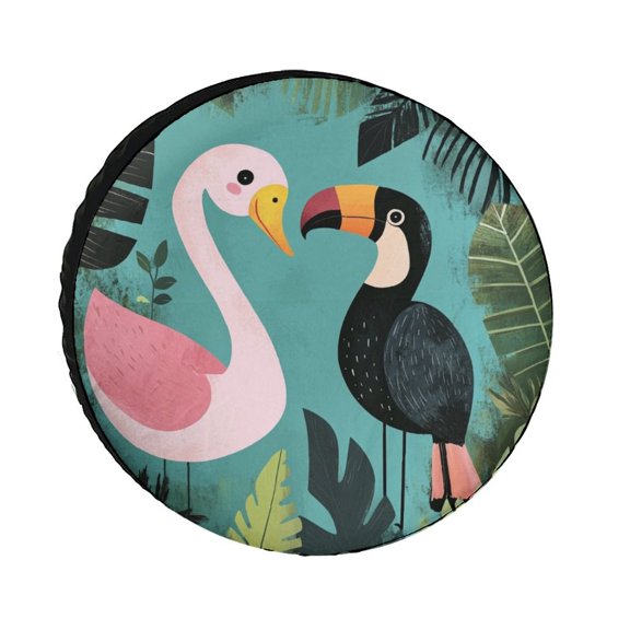 Camping Spare Tire Cover Cute Pink Swan And Black Toucan Wheel Protectors Weatherproof Wheel Covers Jungle Animals Tire Cover for Trailer SUV Truck Camper Travel Trailer Accessories 12inch