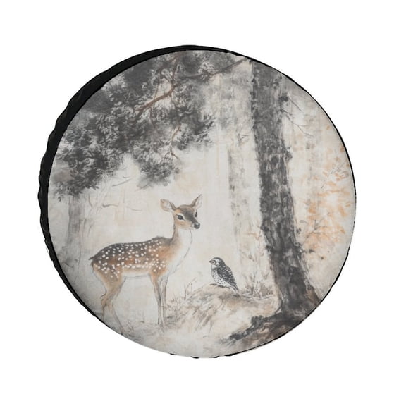 Camping Spare Tire Cover Forest Woodland Animals Deer And Owl Bird Waterproof Polyester Wheel Protectors Wheel Covers Watercolor Animal Tire Cover Fit for SUV Truck Travel Trailer 12inch