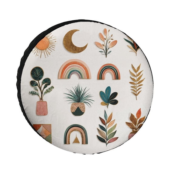 Camping Spare Tire Cover Nature Leaf Sun Modern Minimalist Wheel Protectors Weatherproof Wheel Covers Abstract Mid Century Modern Tire Cover Universal for Trailer SUV Truck Camper Travel 12inch