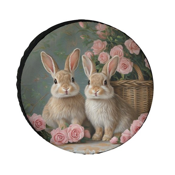 Camping Spare Tire Cover Vintage Bunny & Floral Basket Wheel Tire Covers Waterproof Sun Protection Easter Themed Tire Cover Universal for Trailer SUV Truck Camper Travel 12inch