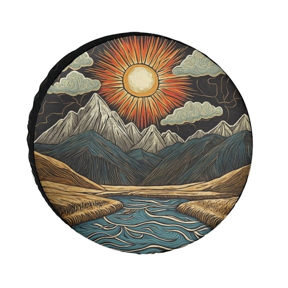 Camping Spare Tire Cover Vintage Mountain Protectors Weatherproof Dust-Proof Mountain Nature Landscape Forest Tire Cover for Camper Trailer Truck SUV Universal 12inch