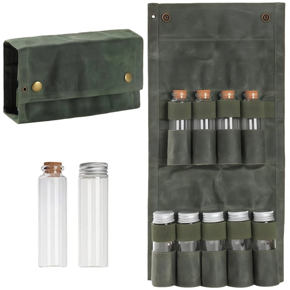 Camping Spice Kit, Portable Spice Bag for Travel, Including 9 Glass Seasoning Containers, Wear-Resistant Waxed Canvas, Foldable Design, Suitable for Outdoor Cooking