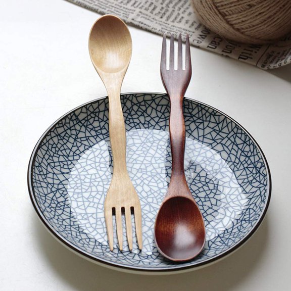 Camping Spork Spoons for Home 5Pcs 2 in 1 Wooden Cutlery Spoon Fork Kitchen Dessert Soup Oatmeal Tableware Kitchen Cooking Utensils