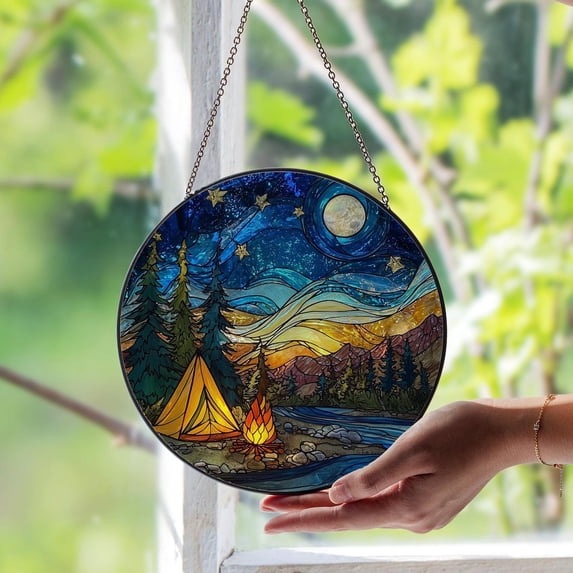 Camping Starry Sky Glass Suncatcher, Night Sky Nature Lover, Rustic Cabin Art, 6.3 in