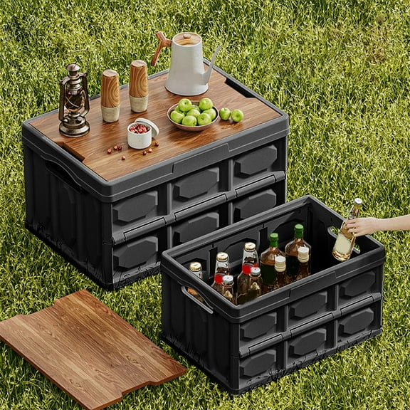 Camping Storage Box, Czzoypi Foldable 20L Outdoor Organizer, Portable Plastic Wooden Lid Car Trunk Picnic Box for Clothes Toys, Black