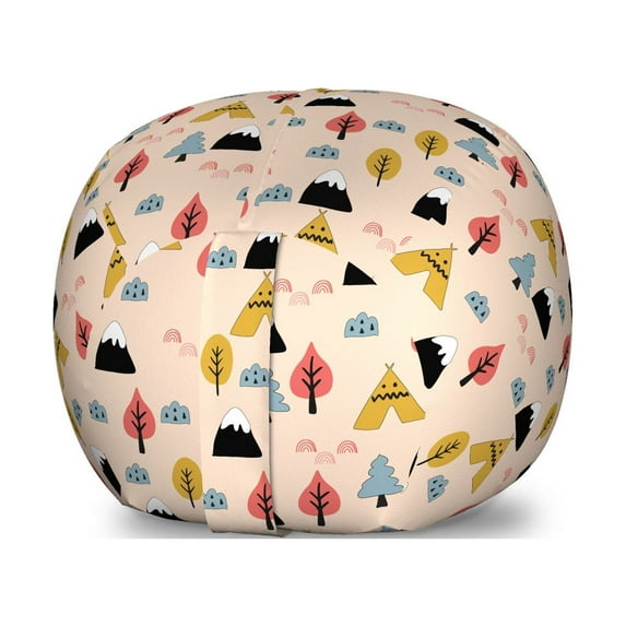Camping Storage Toy Bag Chair, Ethnic Theme Inspired Outdoor Activities with Trees and Mountains, Stuffed Animal Organizer Washable Bag, Large Size, Champagne and Multicolor, by Ambesonne
