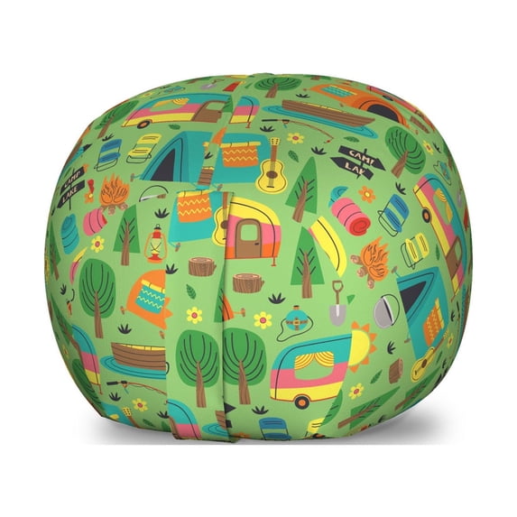 Camping Storage Toy Bag Chair, Summer Tents in the Forest Recreational Explore Woodland Season Cartoon, Stuffed Animal Organizer Washable Bag, Large Size, Multicolor, by Ambesonne